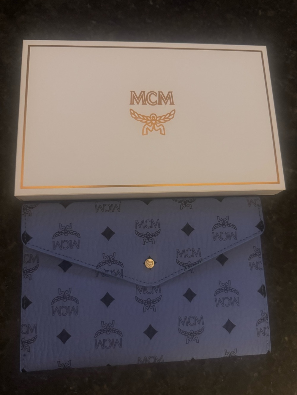 MCM Blue Monogram Envelope Pouch